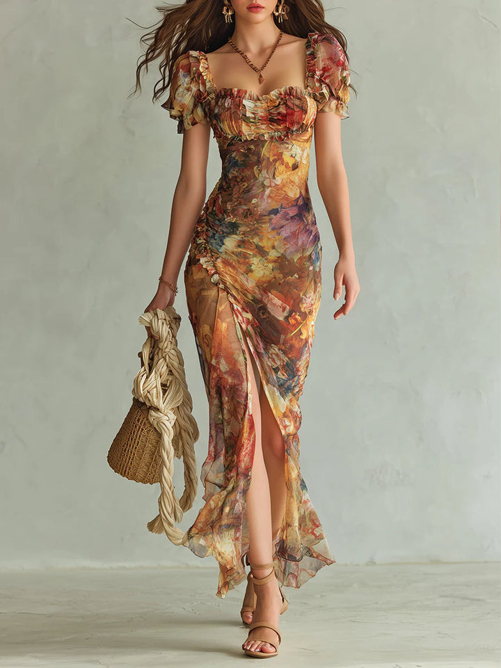Lara | Orange Bohemian Holiday Oil Painting Print Maxi Dress