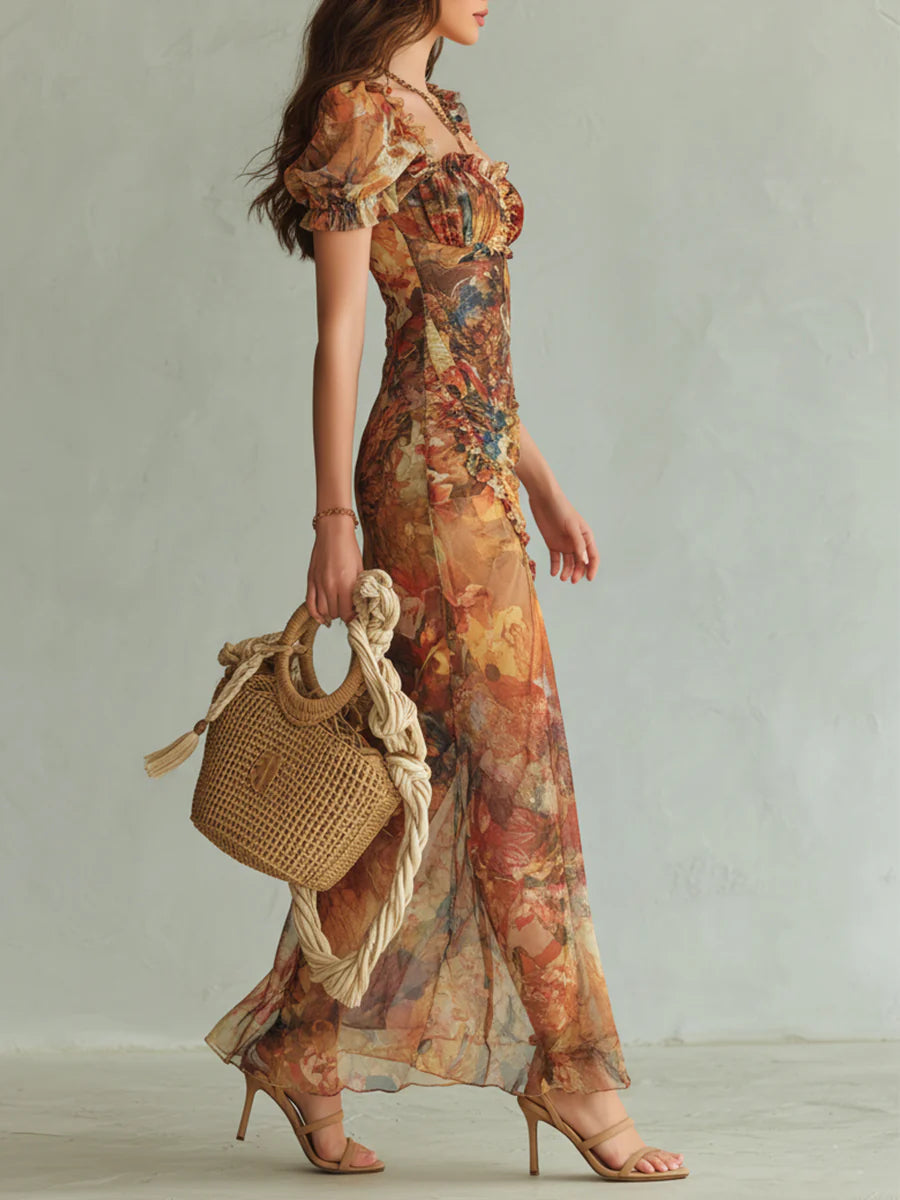 Lara | Orange Bohemian Holiday Oil Painting Print Maxi Dress