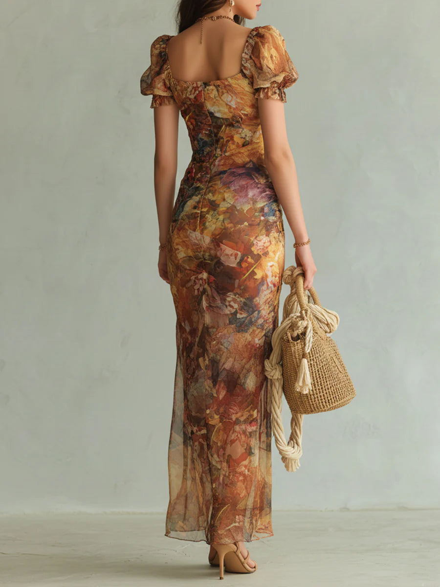 Lara | Orange Bohemian Holiday Oil Painting Print Maxi Dress