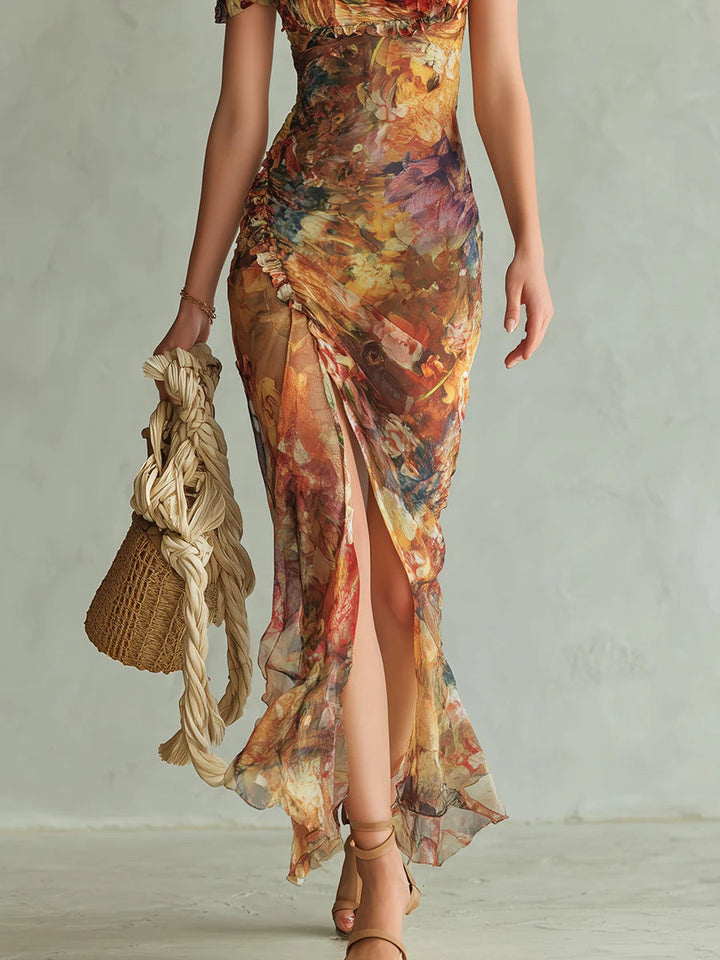 Lara | Orange Bohemian Holiday Oil Painting Print Maxi Dress