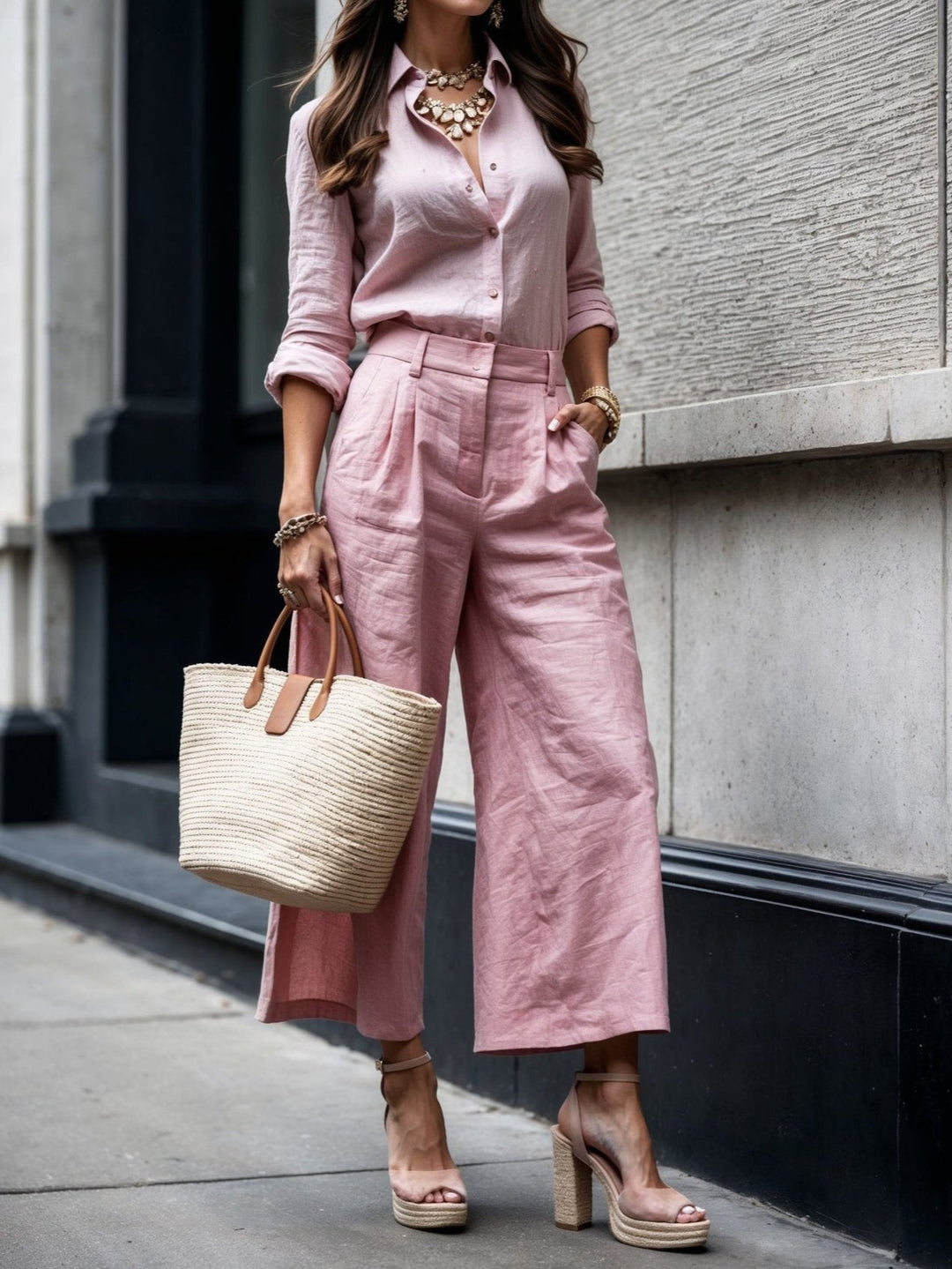 Elegant pink shirt and capri set, paired with nude heels and straw bag, in urban setting.