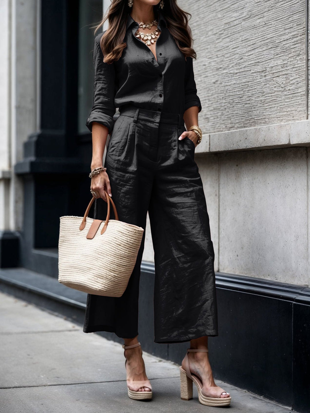 Sophisticated black shirt and capri set, complemented by nude heels and straw bag, on city street.