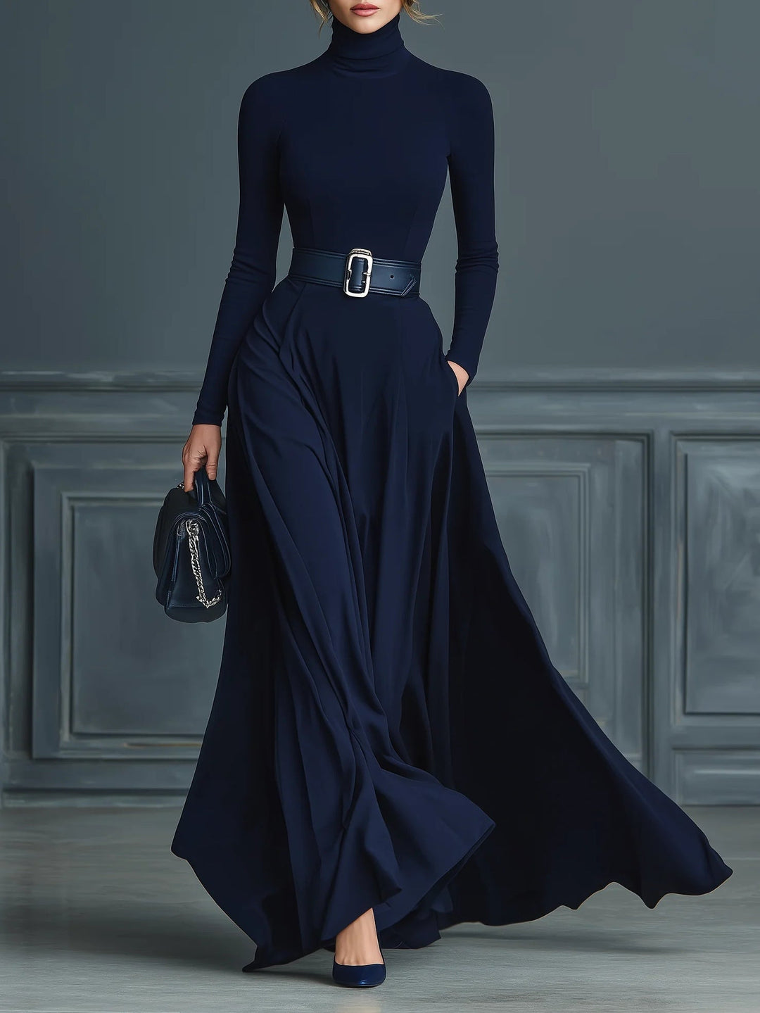 Elegant navy blue knit turtleneck dress with flowing skirt, wide belt, and matching handbag in a sophisticated indoor setting.
