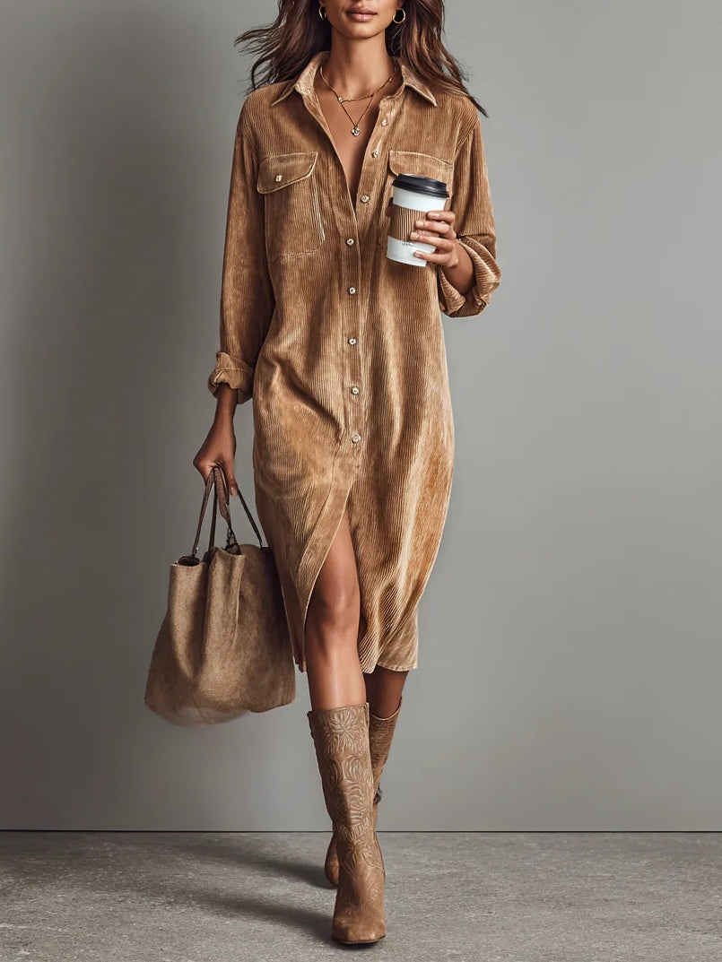 Woman in brown shirt dress with front pockets holding coffee cup and bag, wearing boots, in a studio setting.