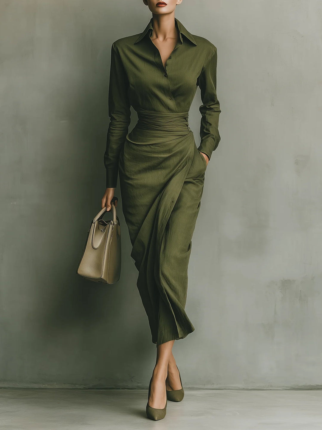 Woman in an olive green wrap maxi dress with long sleeves, holding a taupe handbag in a studio setting.