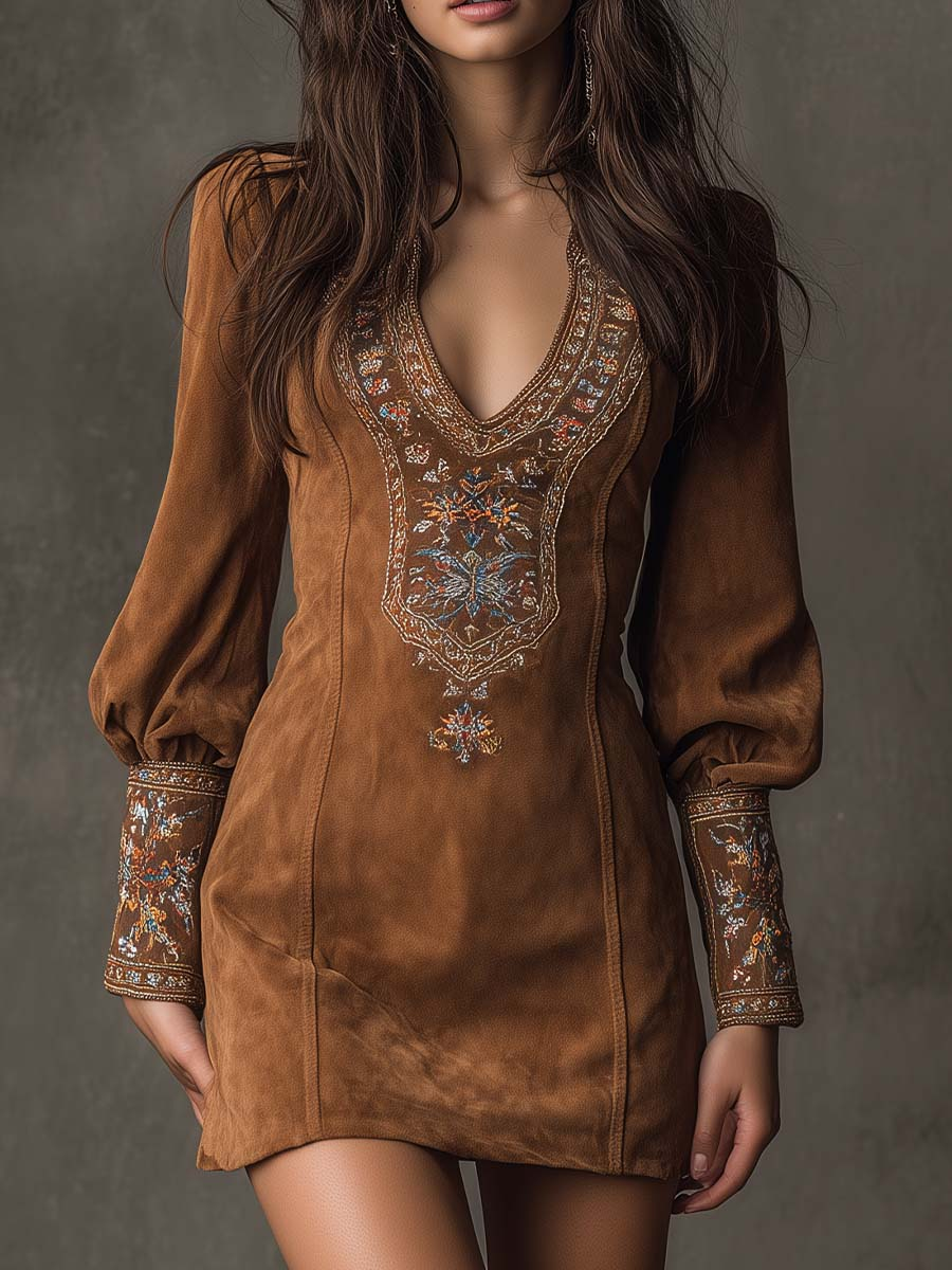 Brown suede mini dress with intricate embroidery near V-neck and cuffs, modeled against a gray studio backdrop.