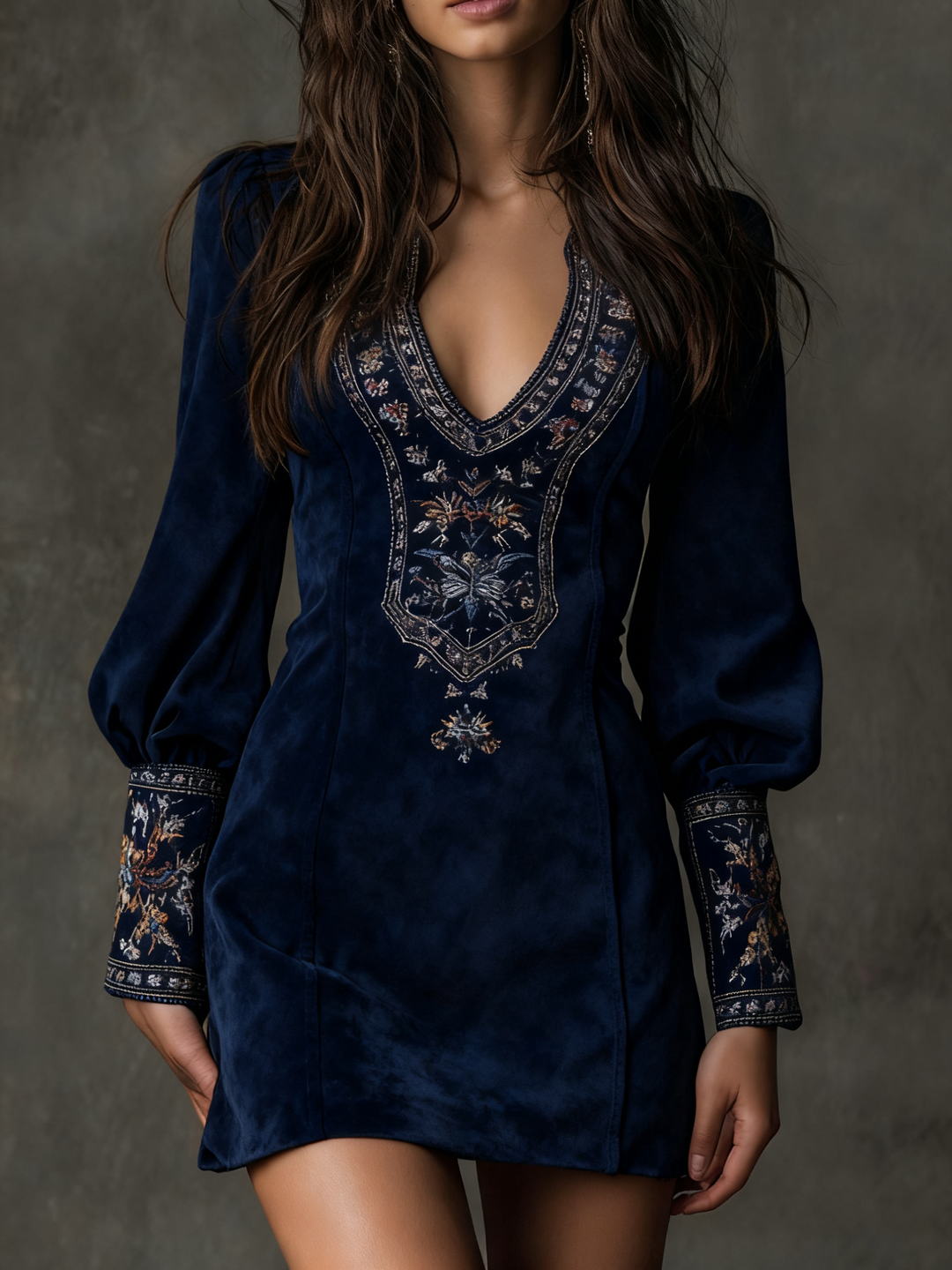 Navy suede mini dress with detailed embroidery around V-neck and cuffs, shown against a gray studio backdrop.