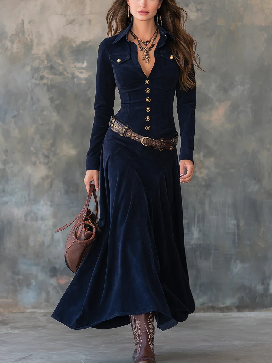 Elegant dark blue suede maxi dress with button-up front and a matching belt, accessorized with a brown leather bag and boots, set against a textured gray studio background.