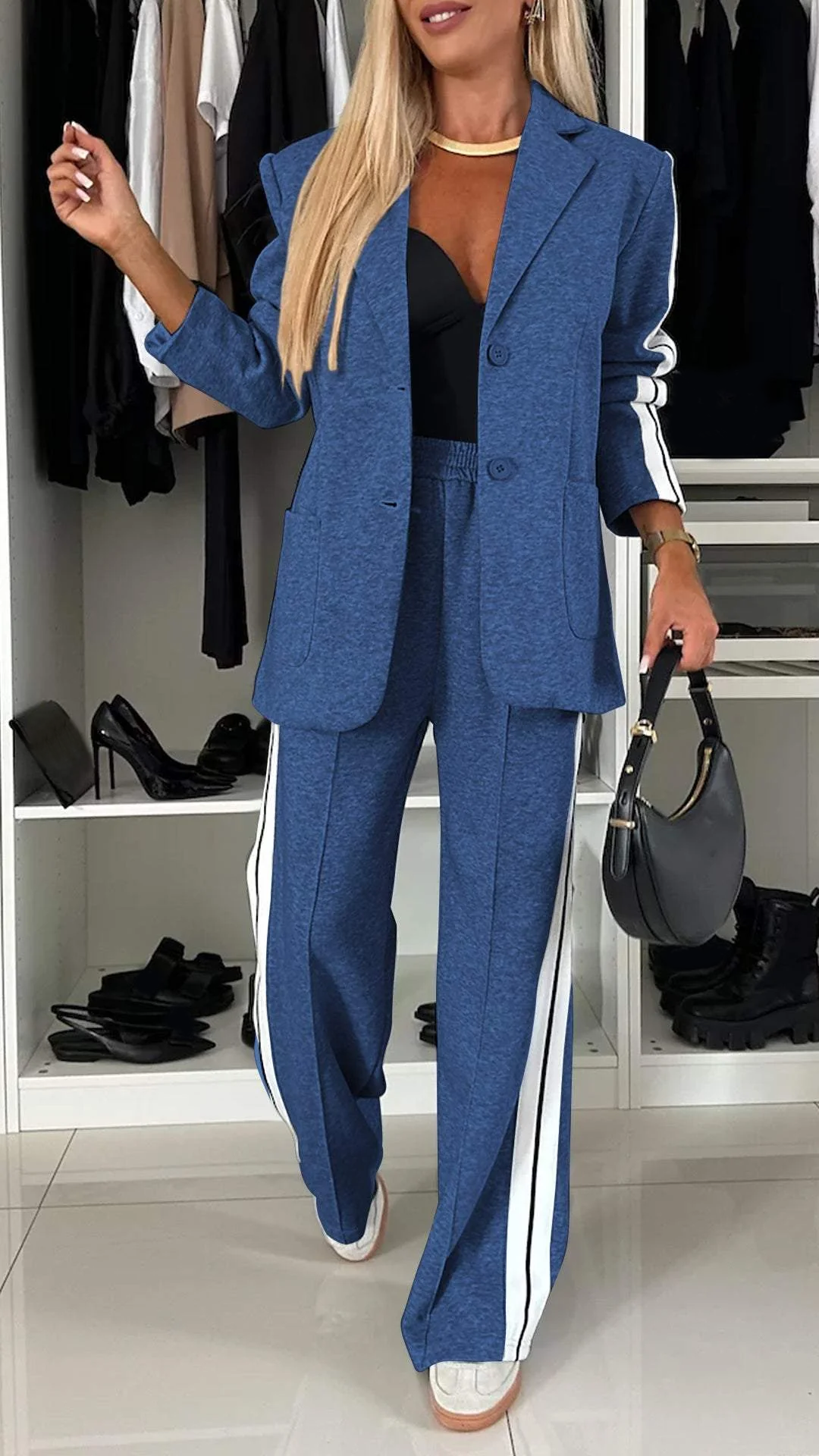 Blue casual office suit with white stripes, featured in a wardrobe setting with footwear on display.