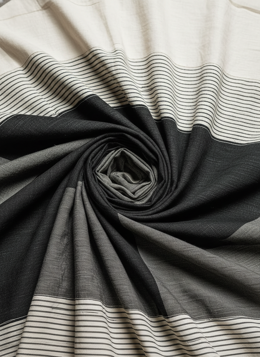 Fabric detail of a maxi dress with black, gray, and cream stripes, folded in a spiral pattern, studio setting.