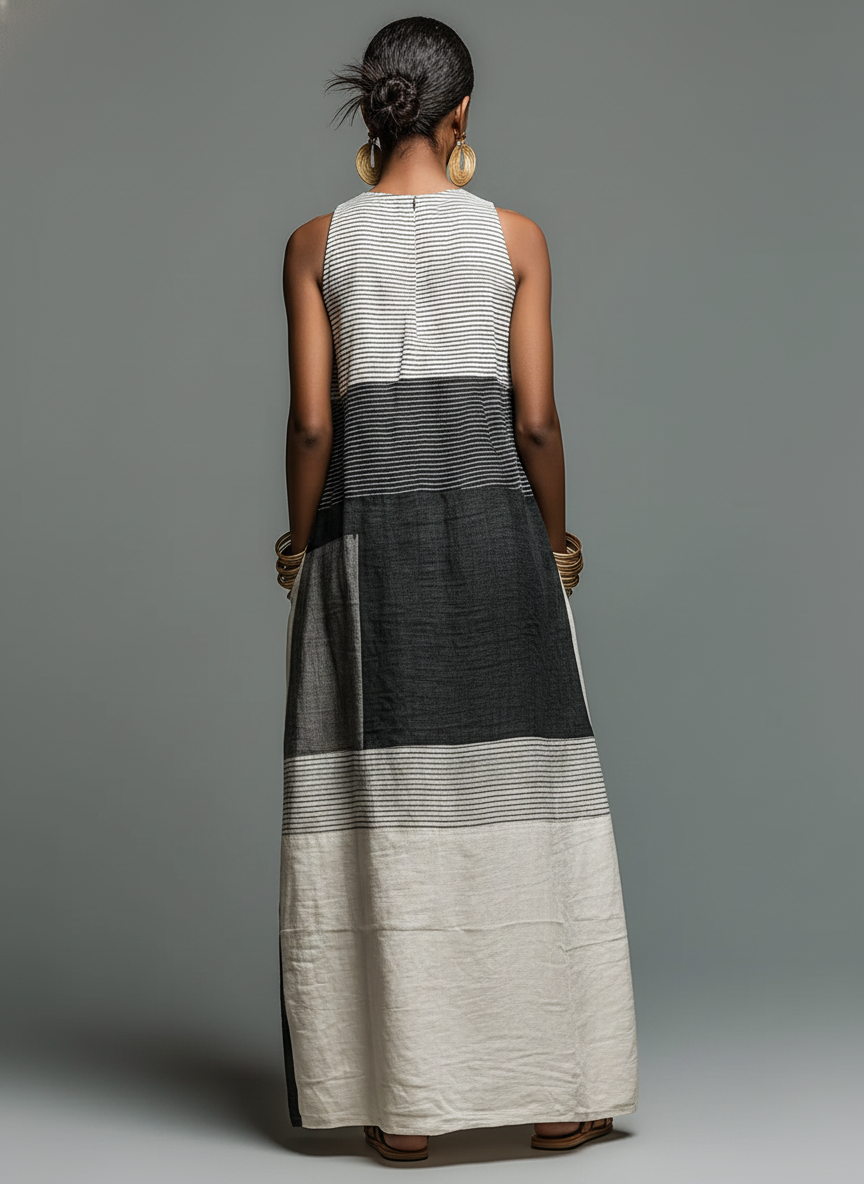 Back view of a sleeveless maxi dress featuring black, gray, and cream color blocks, accessorized with large earrings against a gray backdrop.