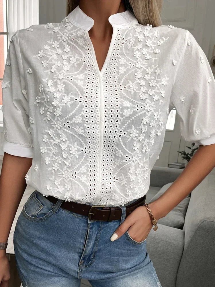 Liza – Floral Embroidery Blouse with Mandarin Collar