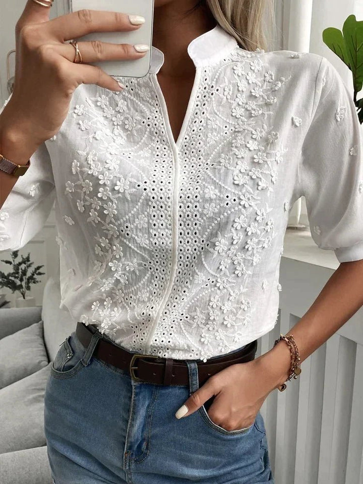 Liza – Floral Embroidery Blouse with Mandarin Collar