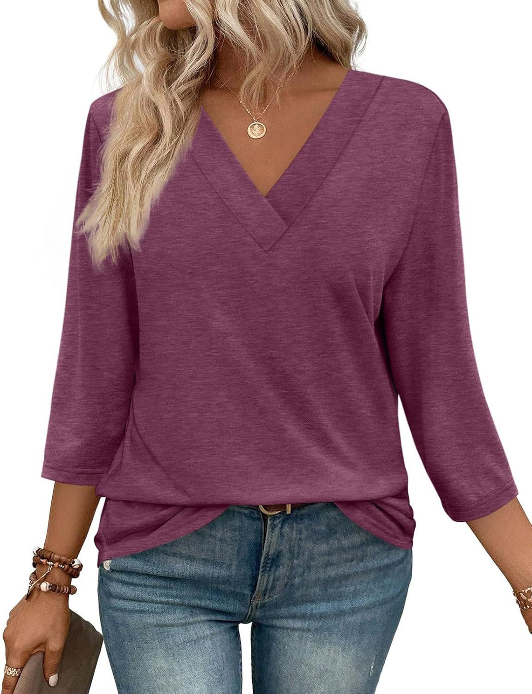 Anita – Loose V-Neck Blouse with 3/4 Sleeves