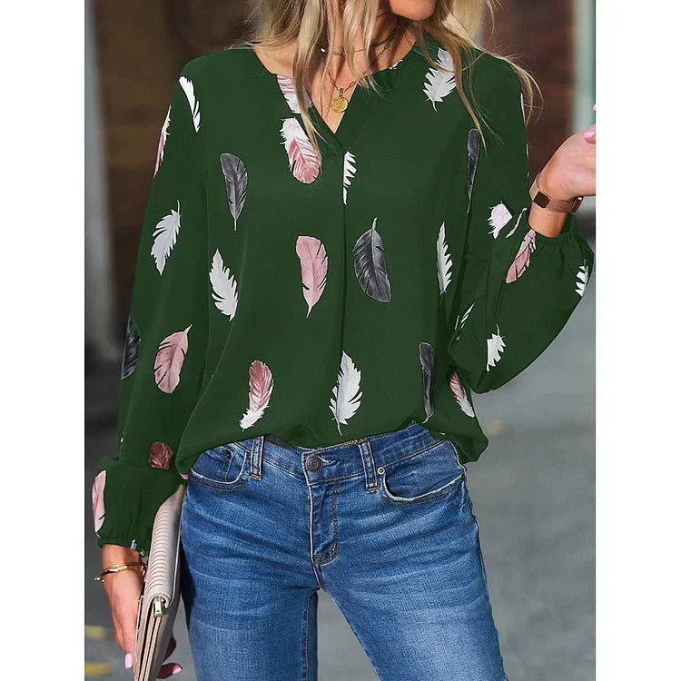 Gracey – Feather Print V-Neck Bell Sleeve Tee