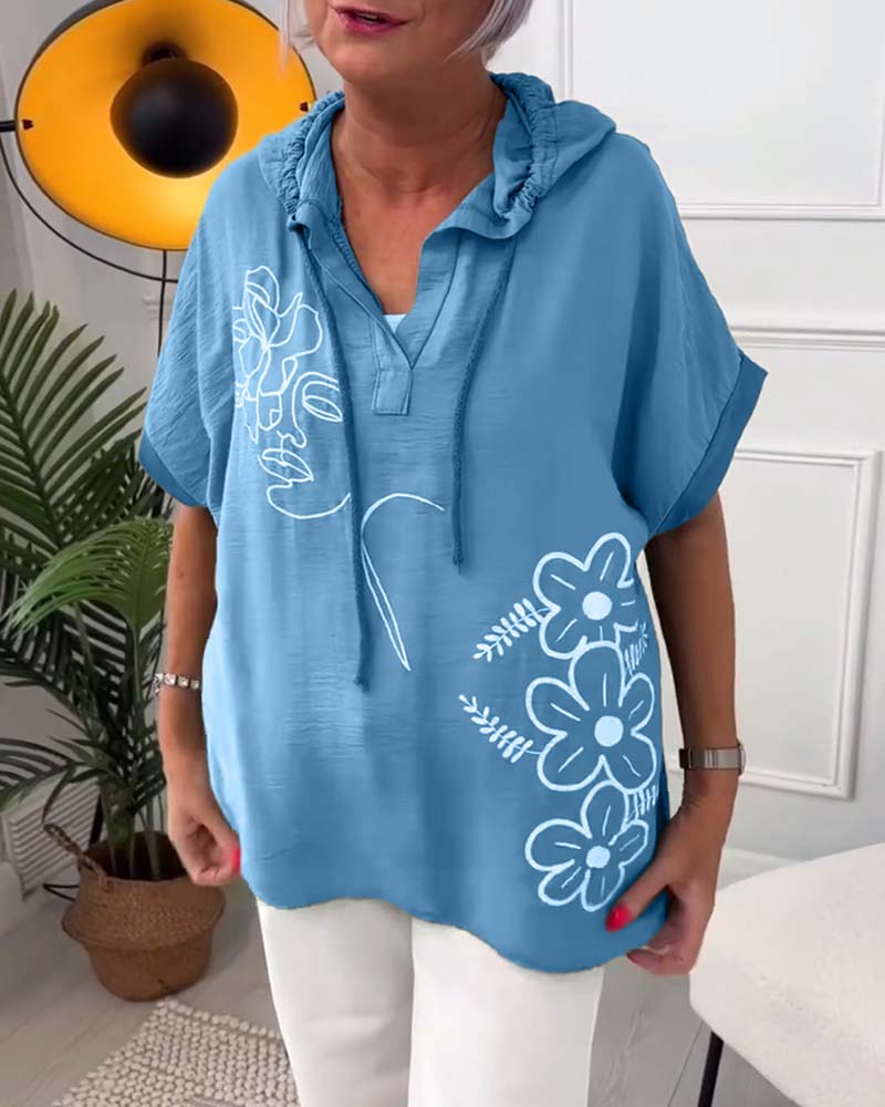 Esme – Floral Hooded Blouse with Lace-Up Neckline