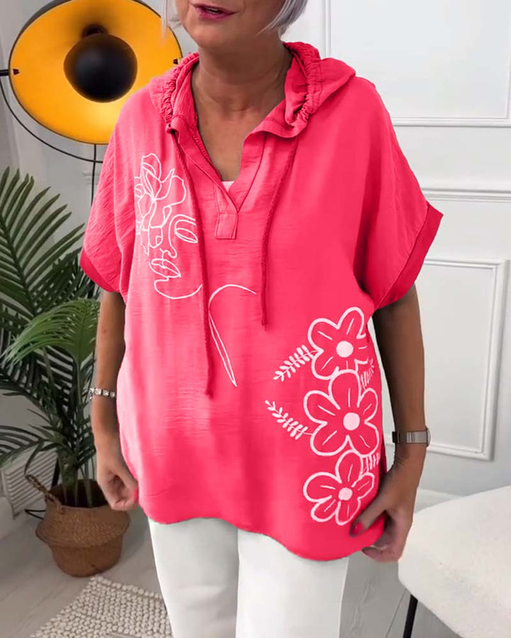 Esme – Floral Hooded Blouse with Lace-Up Neckline
