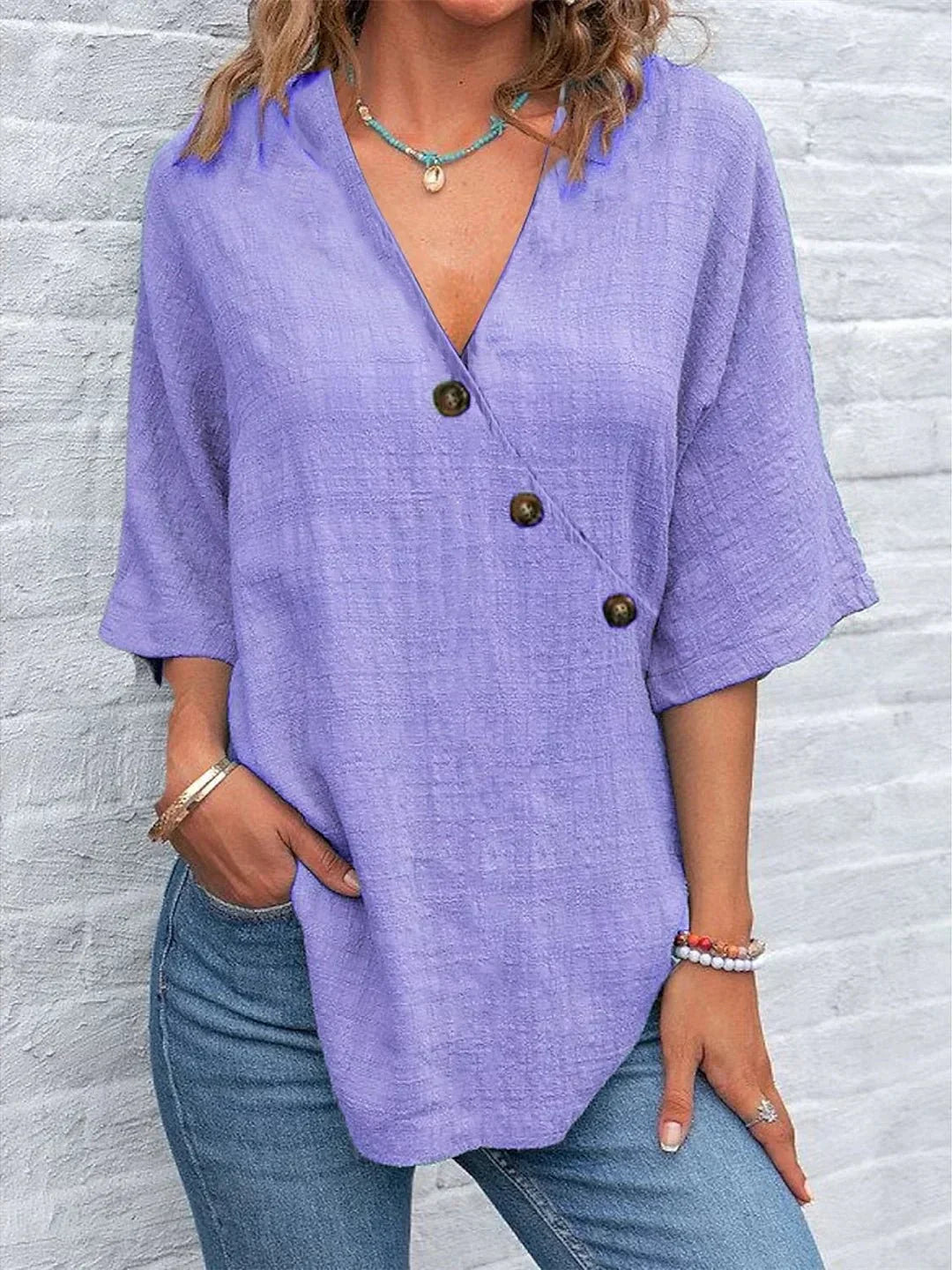 Zele – V-Neck Long Sleeve Top with Cuff Detail