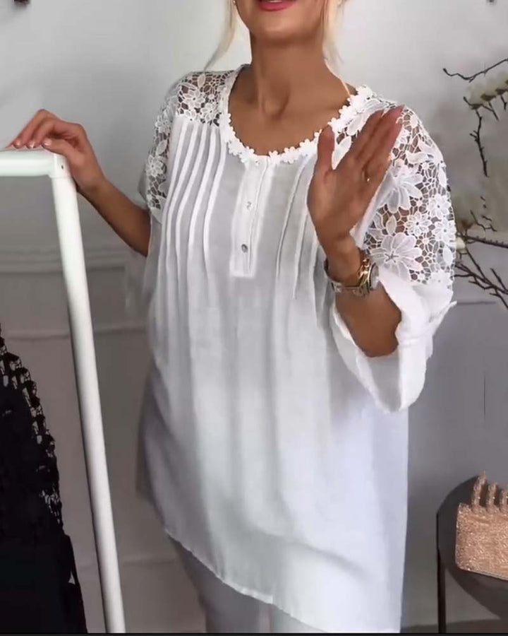 Nica – Lace Patchwork Blouse with ¾ Sleeves