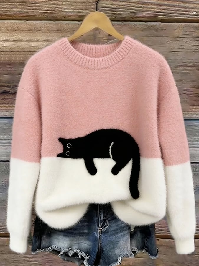 Aileen | Elegant Cat Print Oversized Sweater