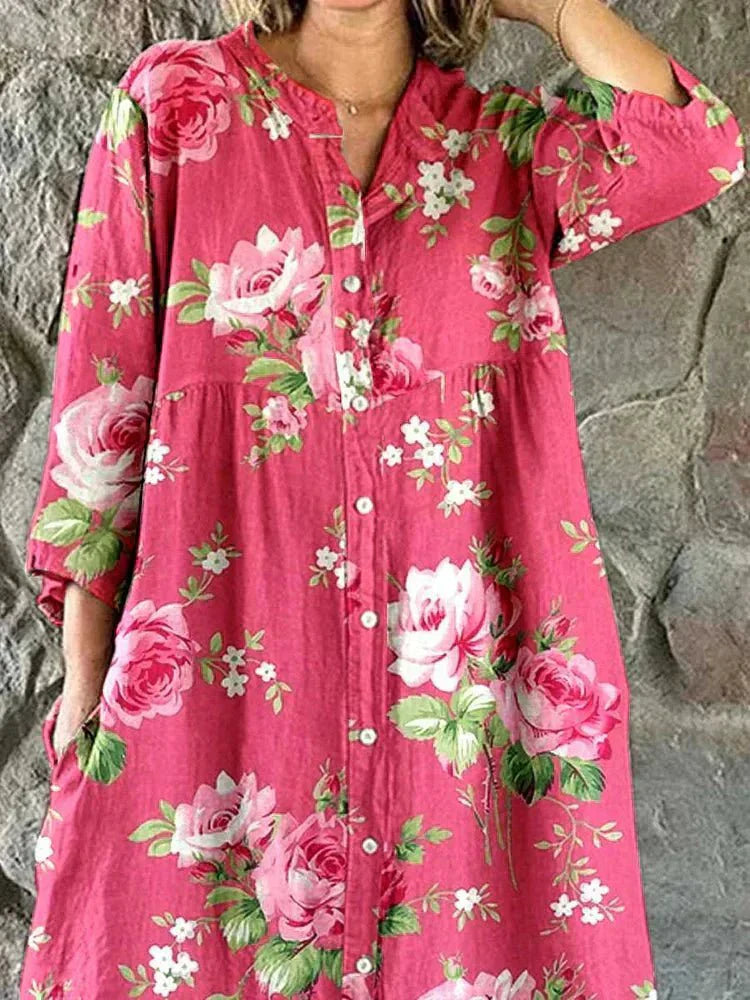 Maddie – Floral Midi Shirt Dress with V-Neck