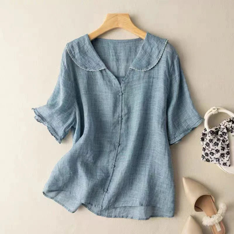Blue short sleeve blouse with delicate trim on hanger, indoor background with shoes and handbag.