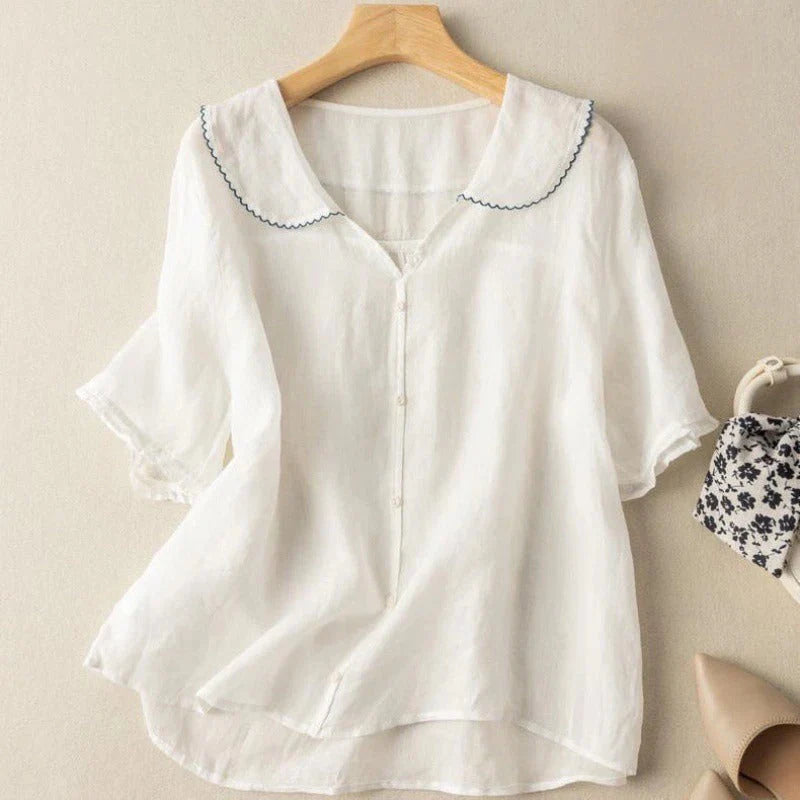 White short sleeve blouse with delicate trim on hanger, indoor background with shoes and handbag.