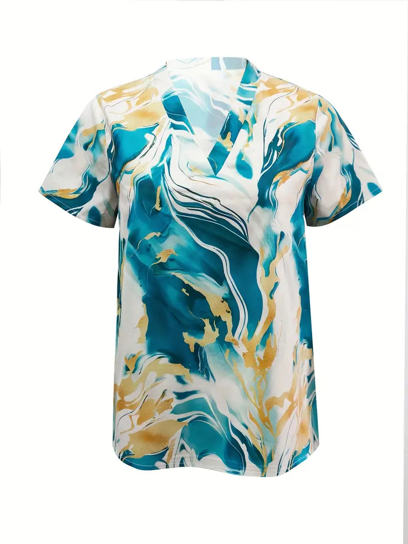 Teal marble print short sleeve shirt with v-neck on a white studio background.