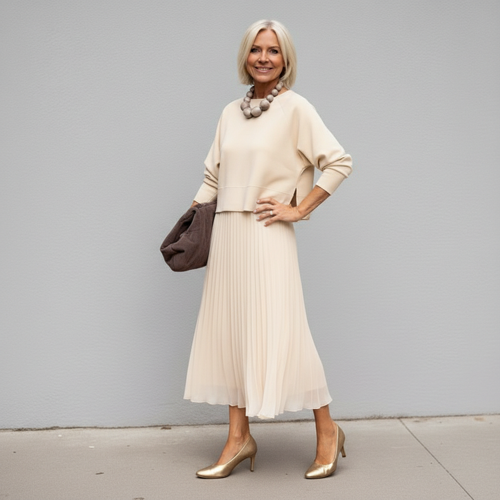 Stylish woman in beige outfit with pleated skirt, gray wall background.