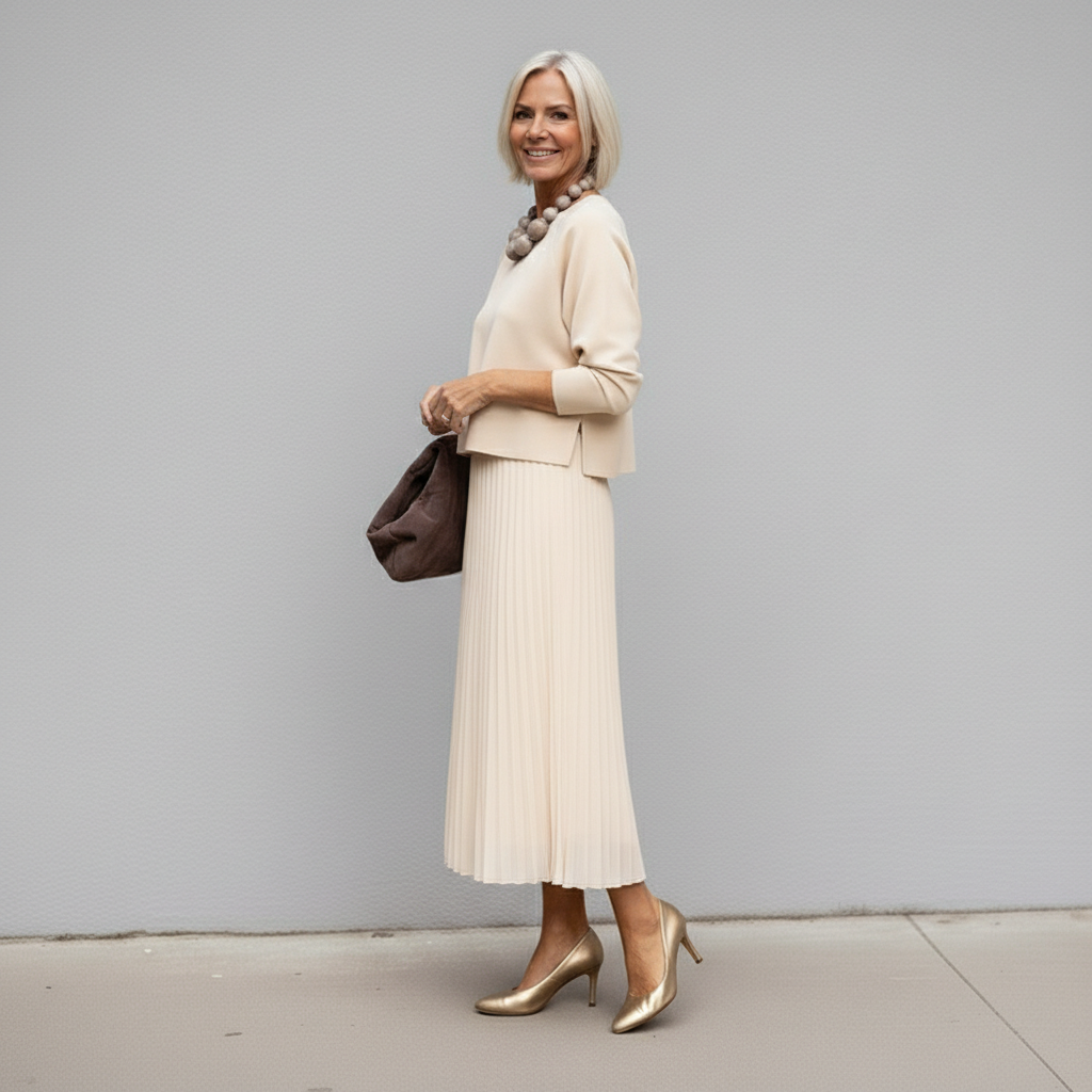 Woman in beige pleated skirt outfit, holding brown clutch, gray wall background.