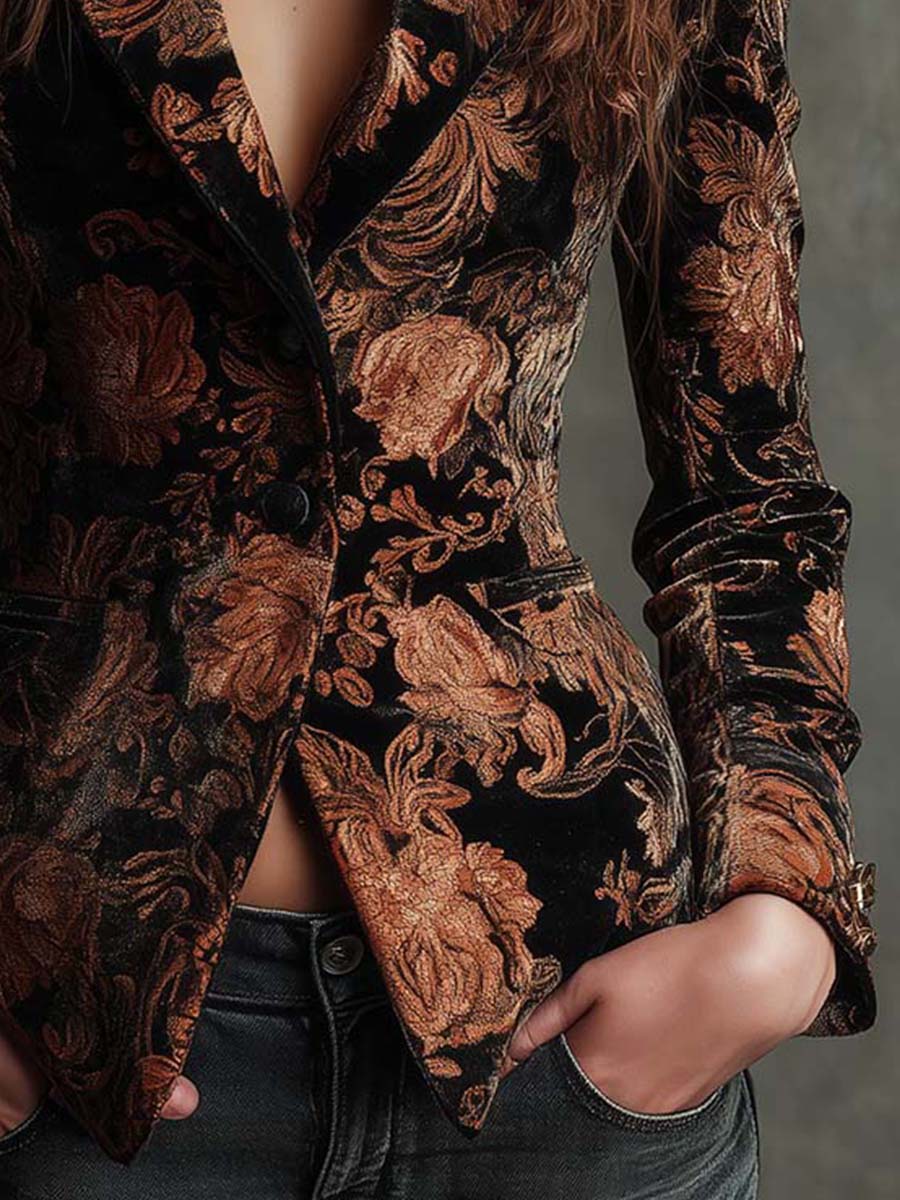 Ava | Tailored Blazer in Black and Bronze with Floral Design