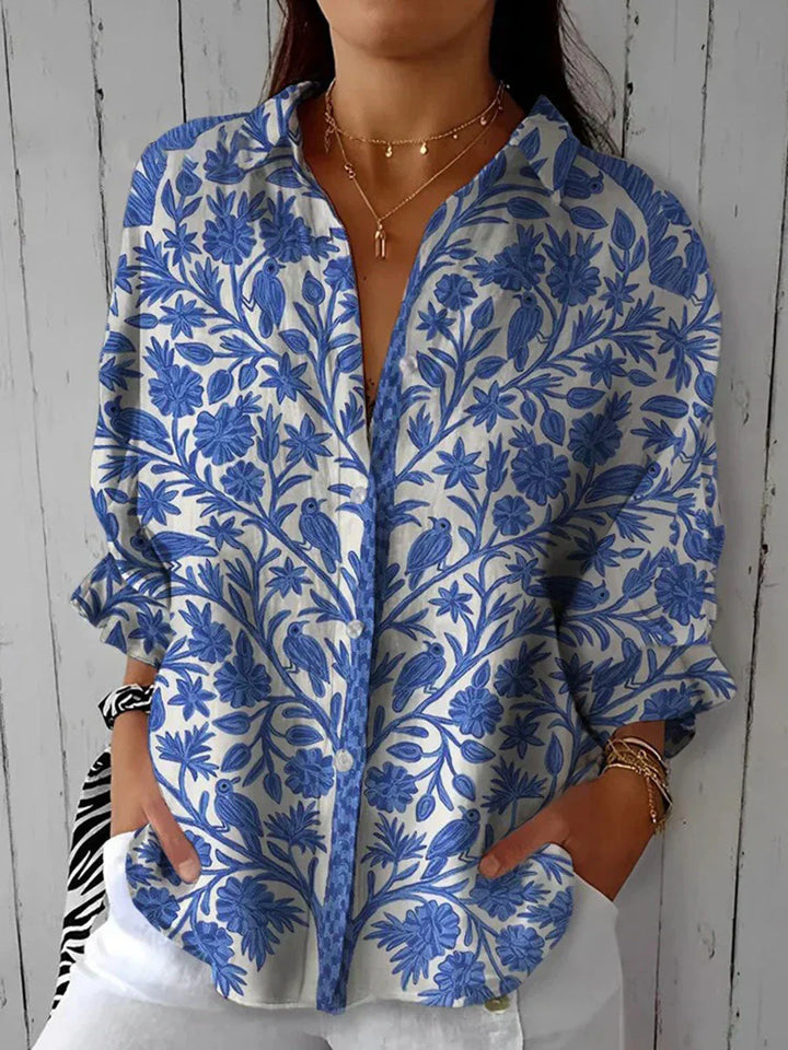 Fiona – Floral V-Neck Blouse with Nature Print