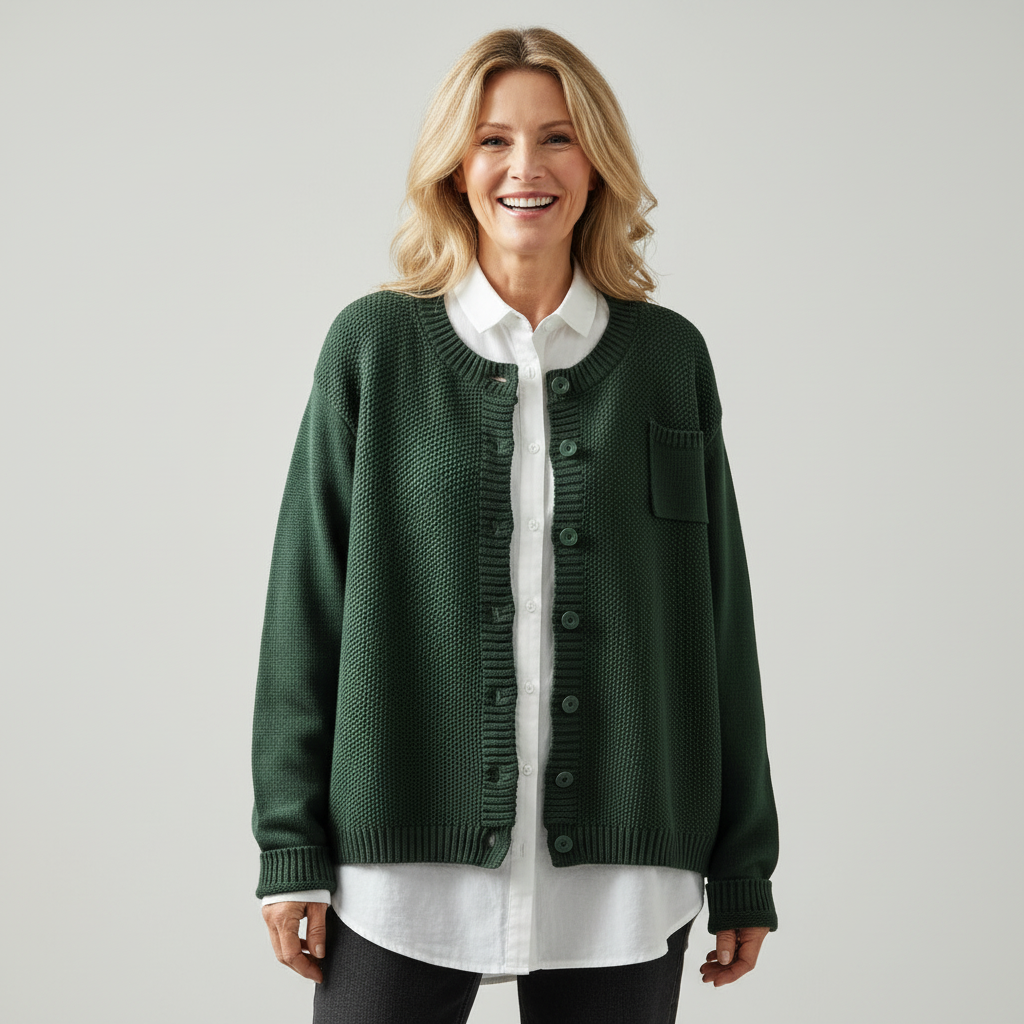 Woman in studio wearing dark green knit cardigan over white shirt, smiling.