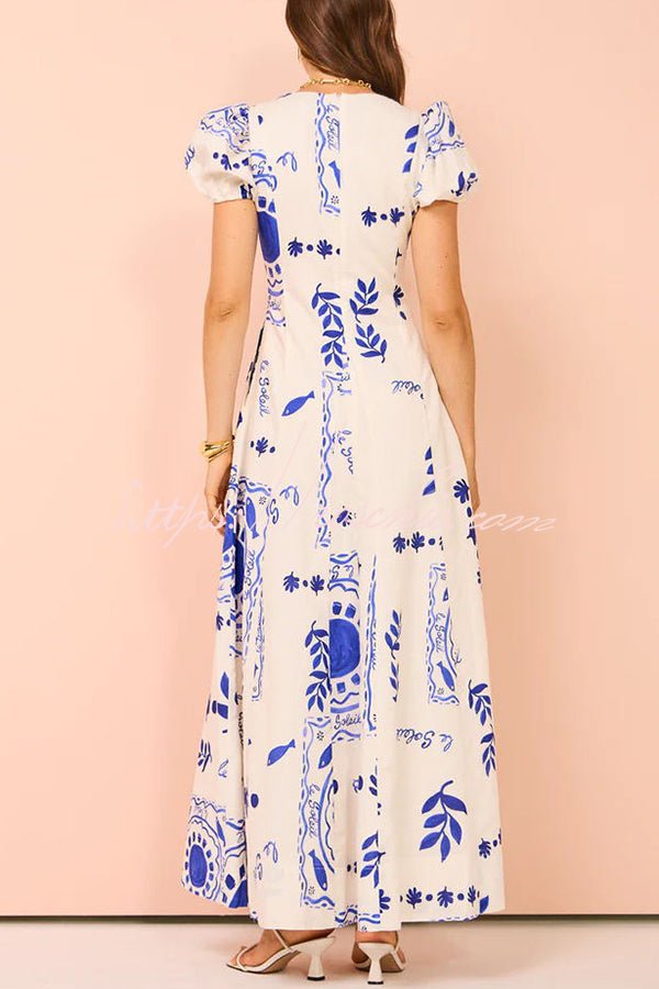 Avermy – Maxi Floral V-Neck Dress with Puff Sleeves