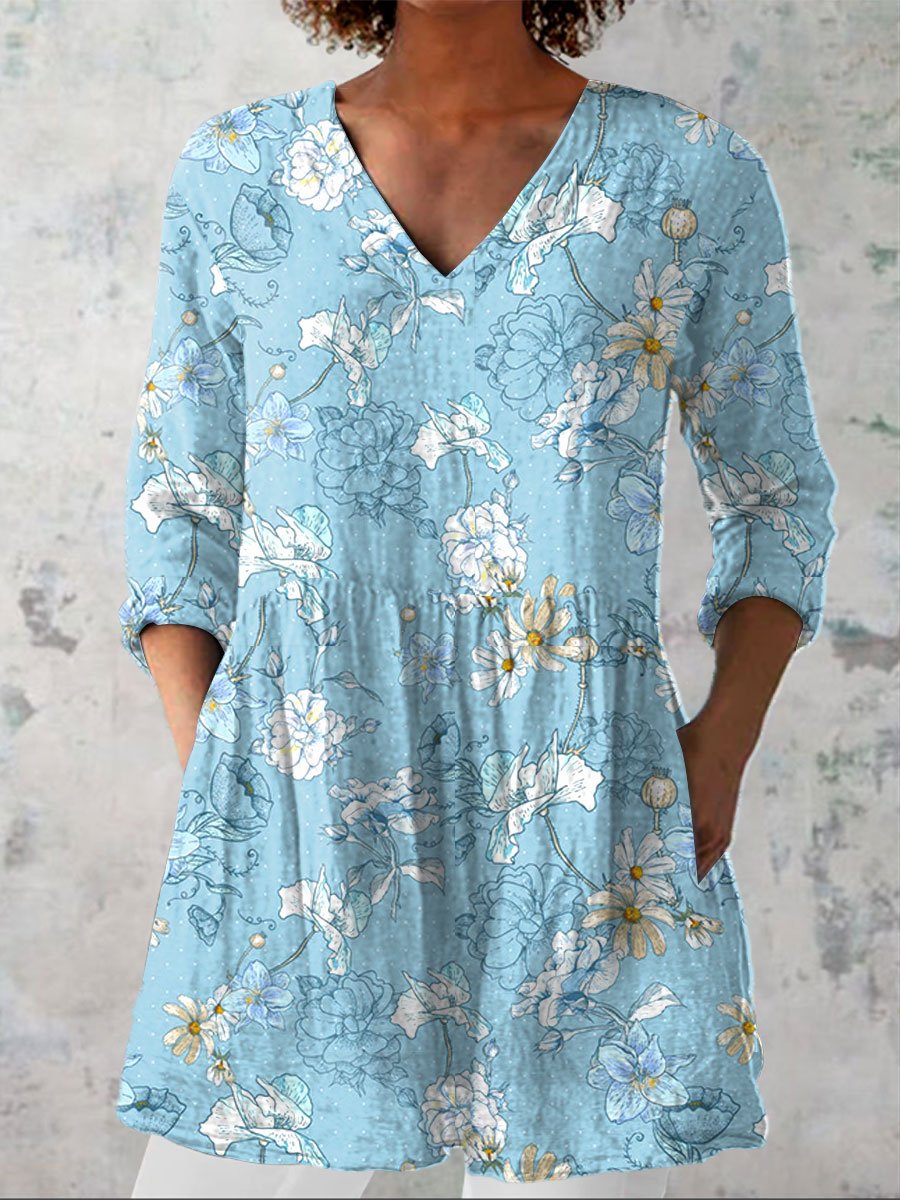 Luzeth – Vintage Floral V-Neck Blouse