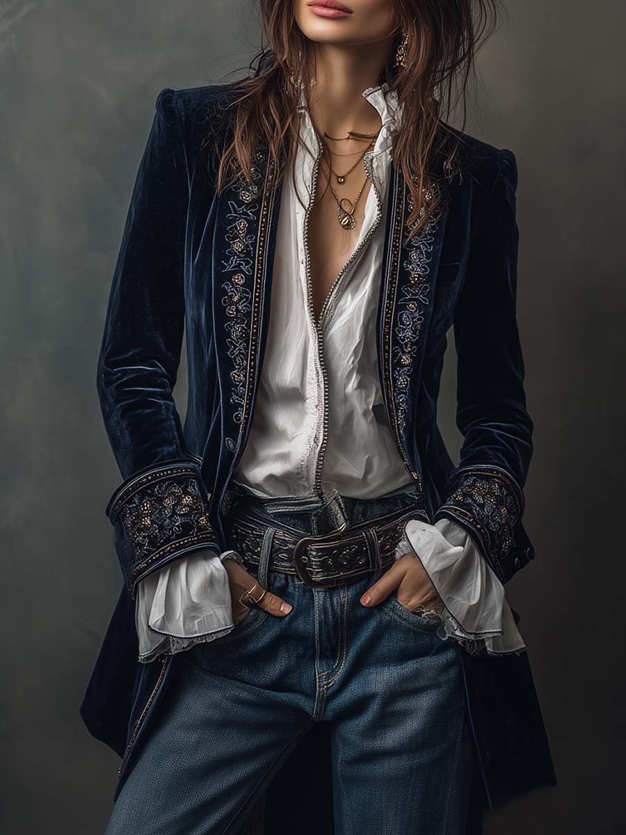 Margaret | Navy Blue Embroidered Longline Jacket