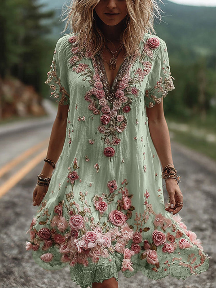 RUBY | BLOSSOM EMBROIDERED V-NECK DRESS