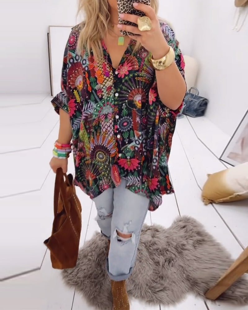 Linda – Printed Blouse with Lapel Collar