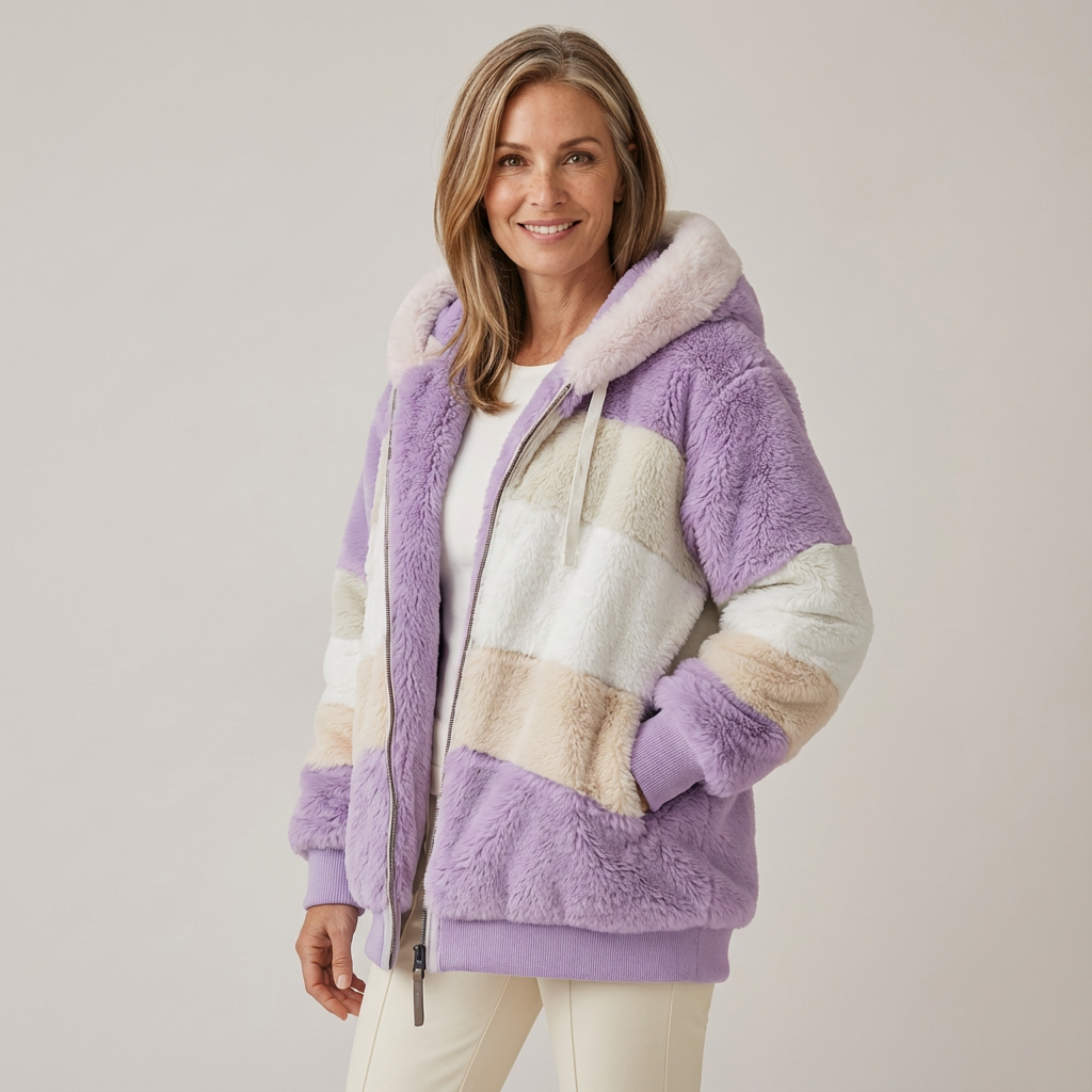 Woman wearing a plush, multicolored hooded jacket in white, purple, and beige stripes, in a studio setting.