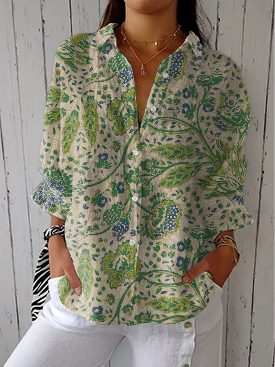 Zel – Vintage Floral V-Neck Blouse