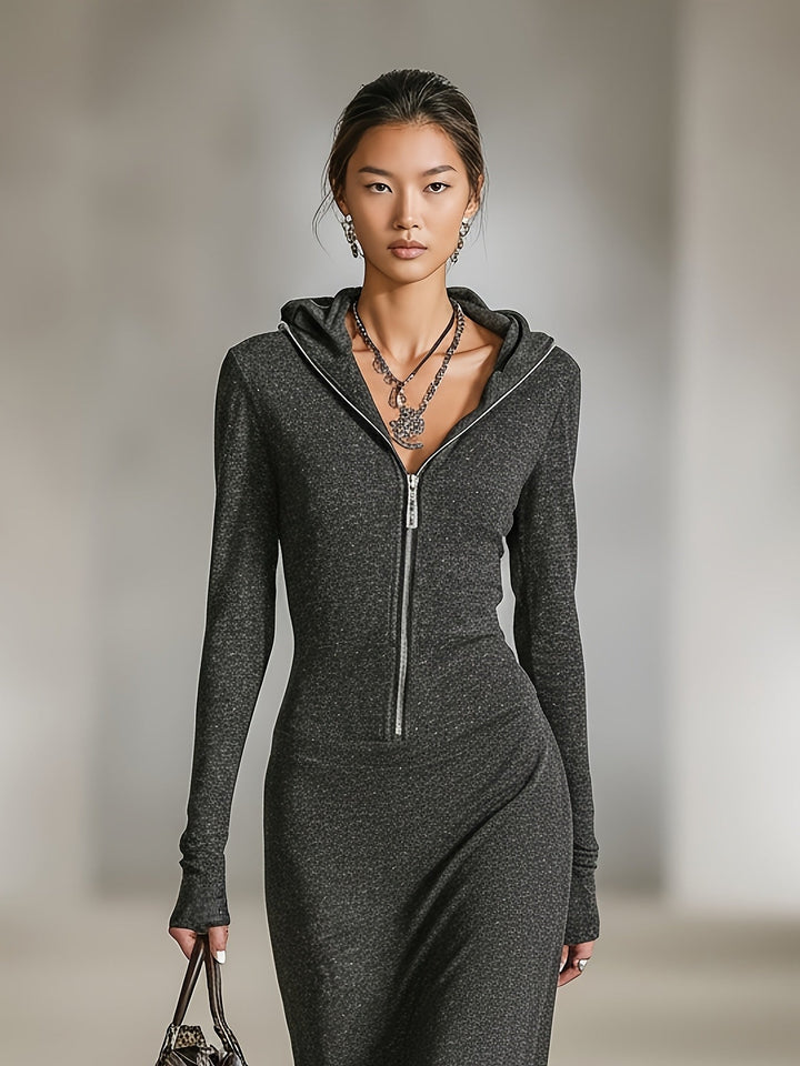 Lila | Long-Sleeve Tunic Dress with Hood and Zipper Detail