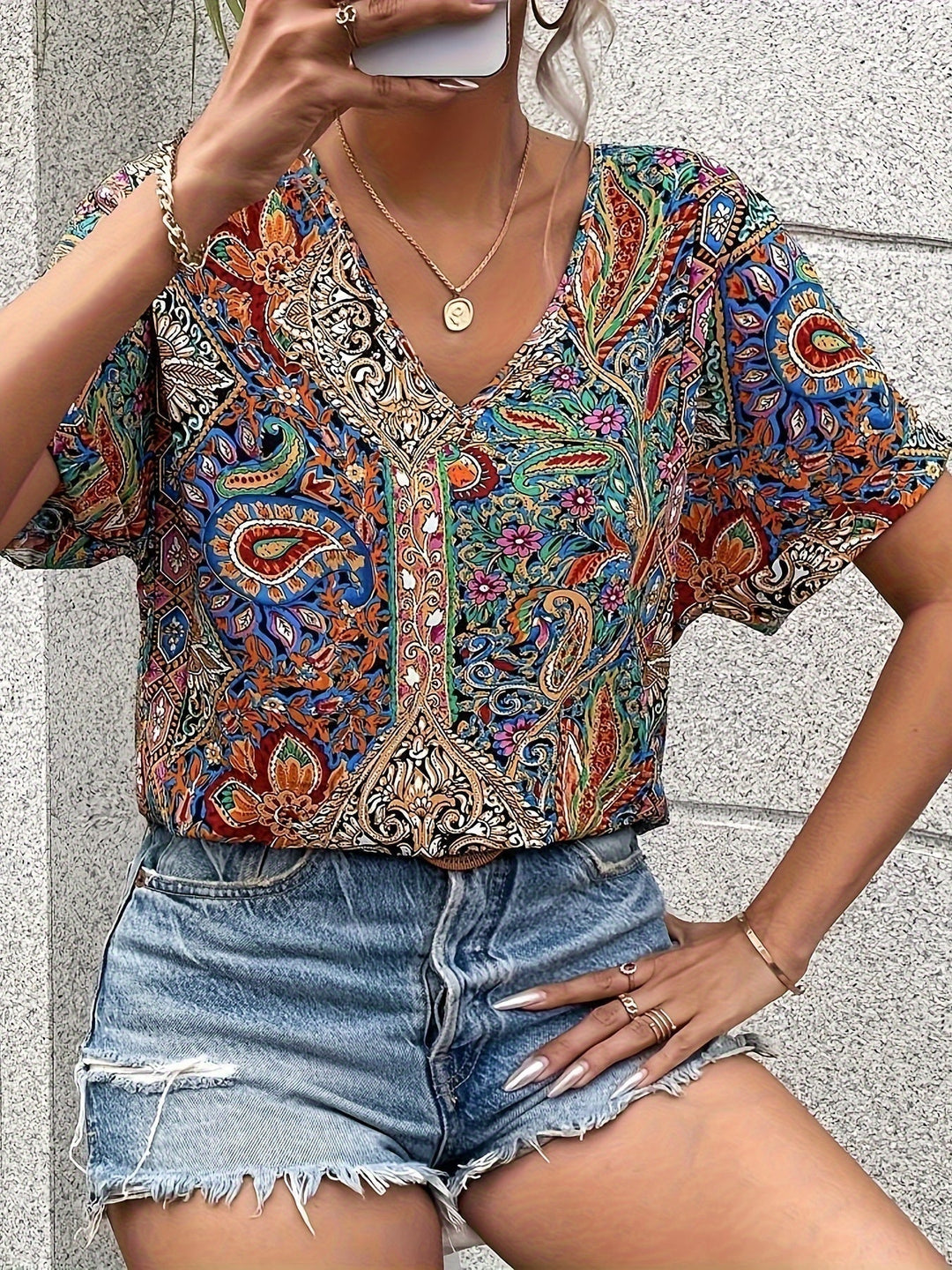 Marina – Art Print V-Neck Blouse