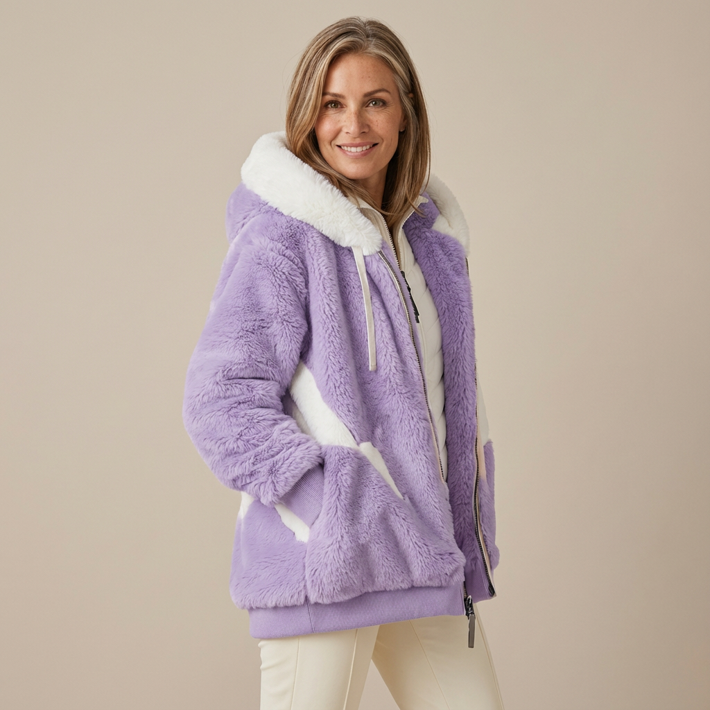 Woman wearing a plush, two-tone purple hooded jacket with a white accent, in a studio setting.