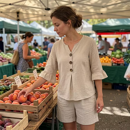Woman in beige casual set selecting peaches at an outdoor market.