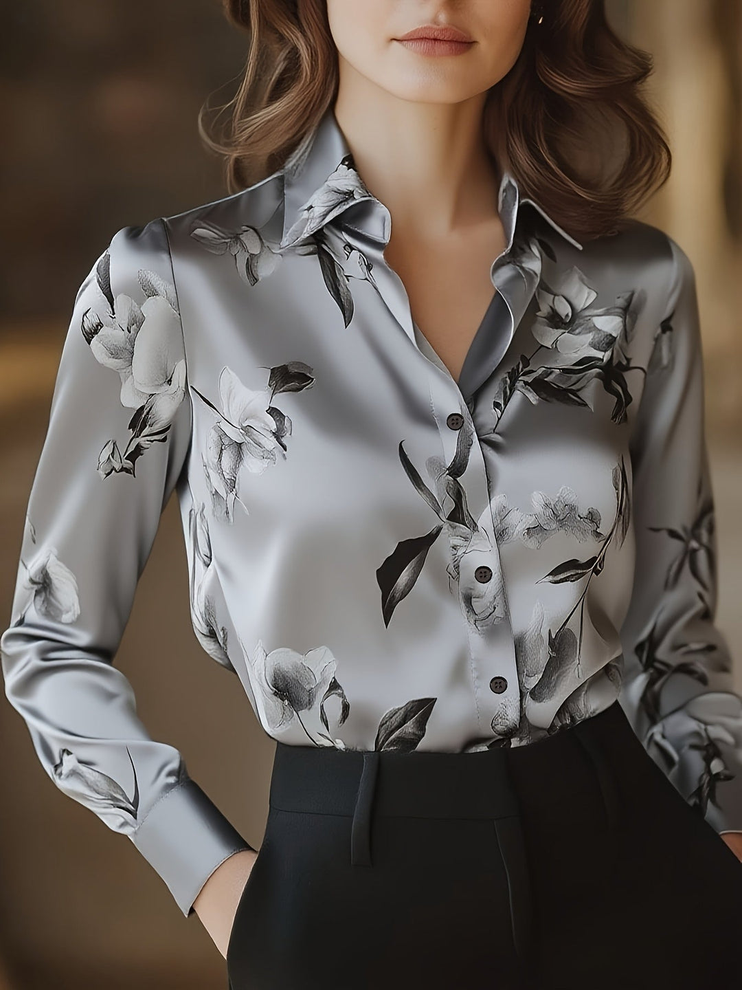 Chic grey satin blouse with floral pattern, showcased by model indoors against a soft backdrop.