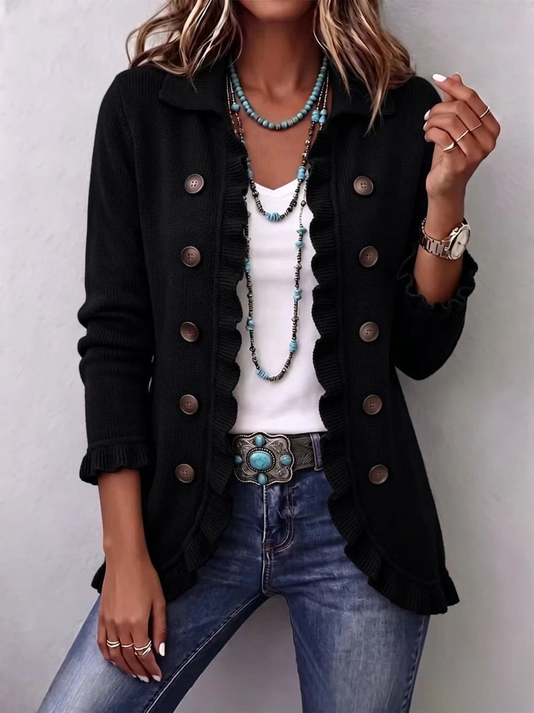 Ilona | Black Ruffle-Trim Cardigan Jacket