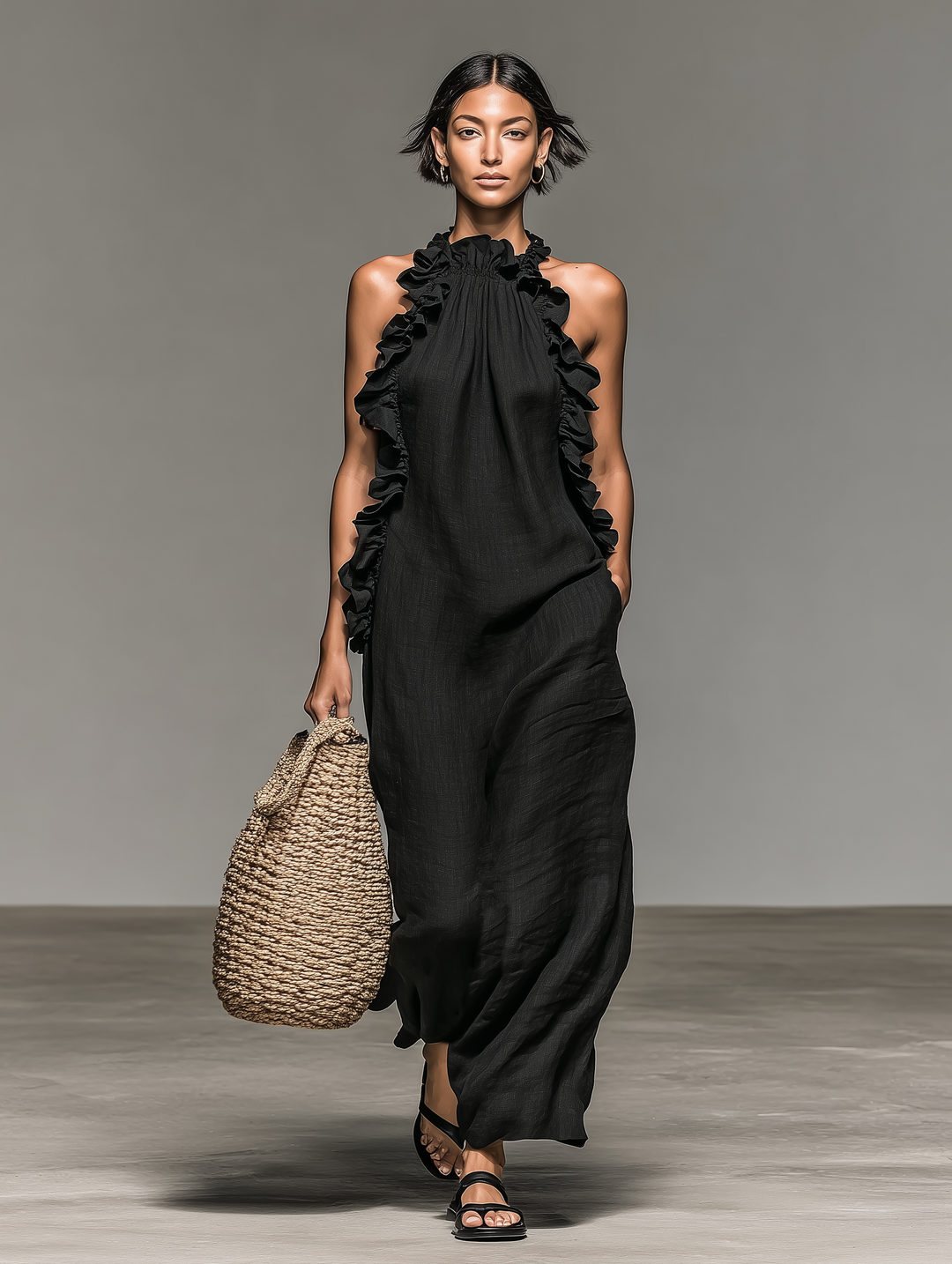 Model in black maxi dress with ruffled neckline, holding a woven bag, standing on a concrete floor against a gray background.