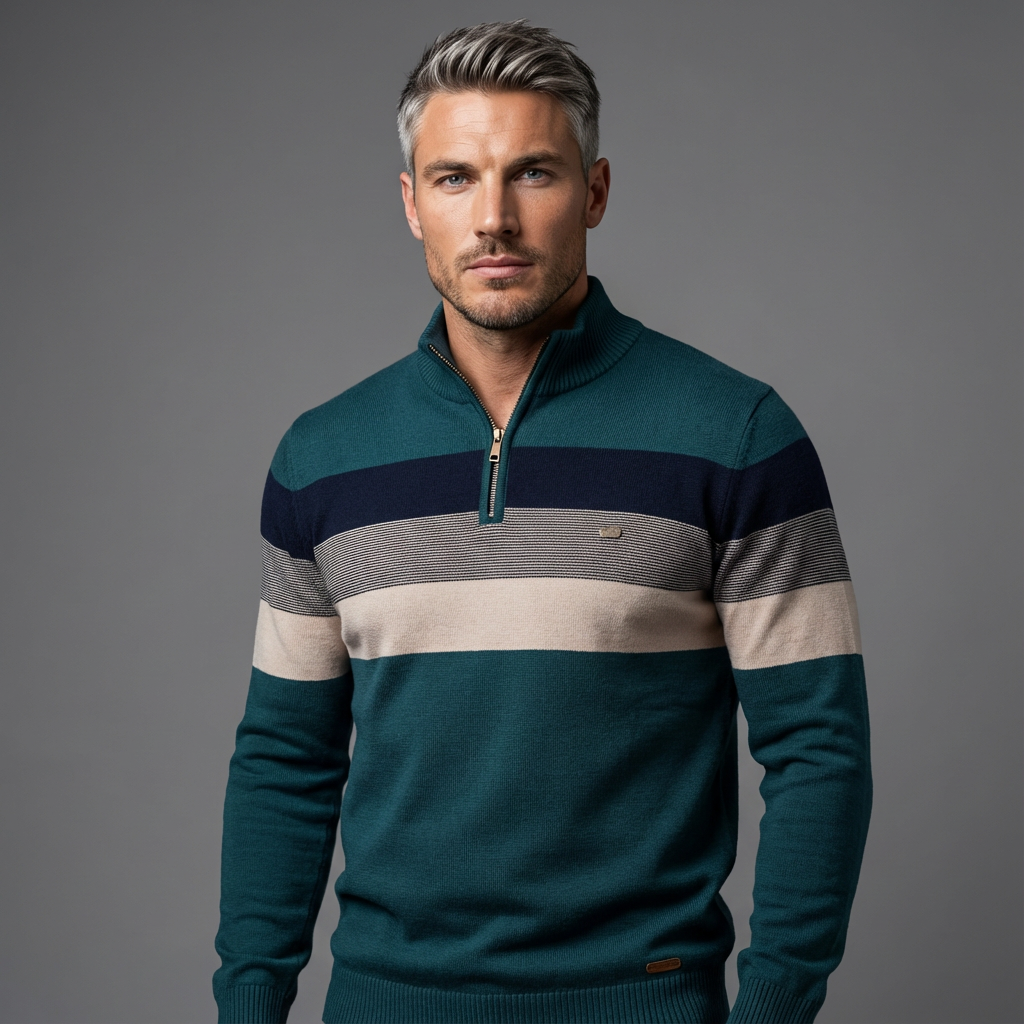 Man wearing a striped pullover with teal, navy, beige, and gray hues in a studio setting.