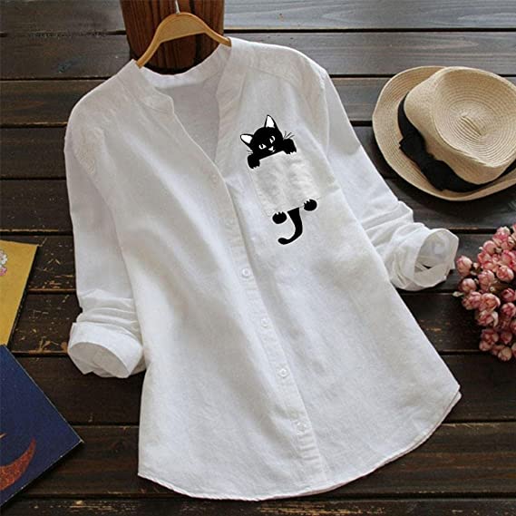 Catrina – Cat Print Blouse with V-Neck