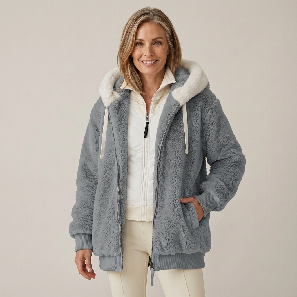 Woman wearing a fluffy gray hooded jacket with white lining, in a studio setting.